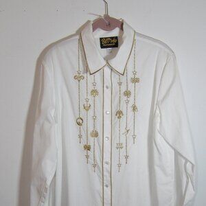 Women's Designer Bob Mackie White Embroidered & Rhinestone Shirt Size Medium